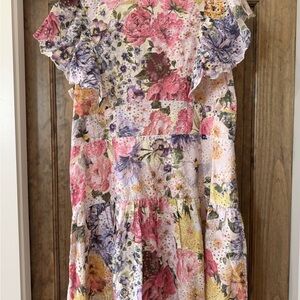 Express Floral Eyelet Tiered Midi Dress - Pink, Purple & Yellow